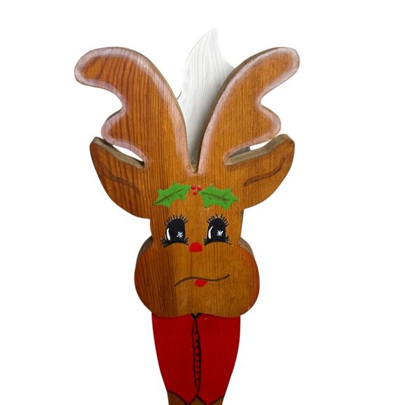 Rudolph Vintage Hand Painted Reindeer 18" Tall Wooden Skinny Folk Art Decoration - Picture 2 of 8
